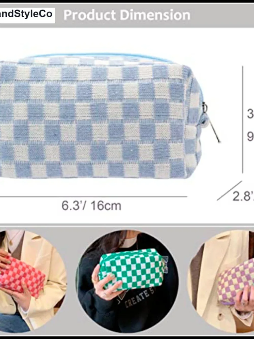 Checkered Cosmetic Bag for Purse - Portable Travel Makeup Pouch with Zipper